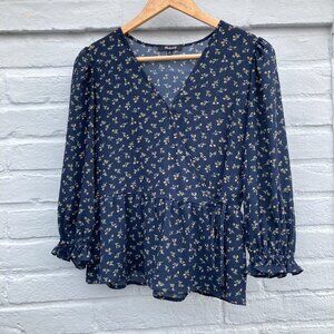 MADEWELL Peplum Wrap V Neck Puff Sleeve Blouse Top Navy Floral Size Small XS